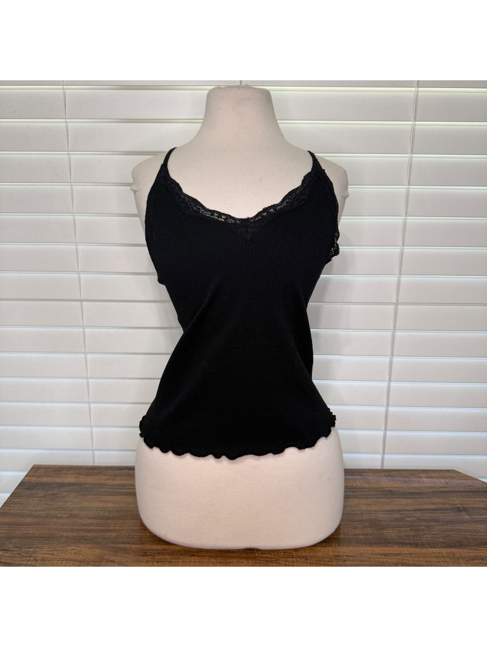 Zenobia Black Lace Trim Ribbed Cami Tank Top Size 1X